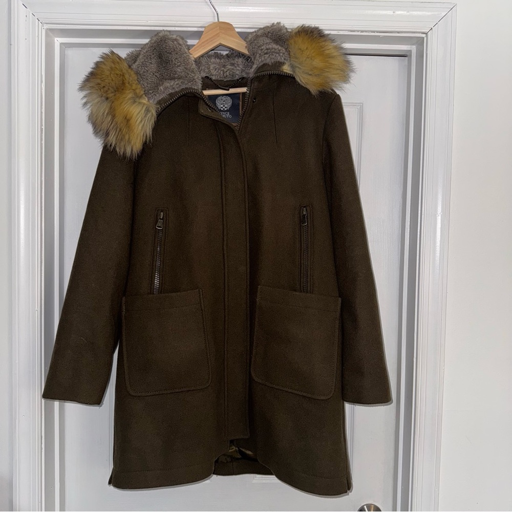 Vince Camuto Olive Coat with Faux Fur Trim